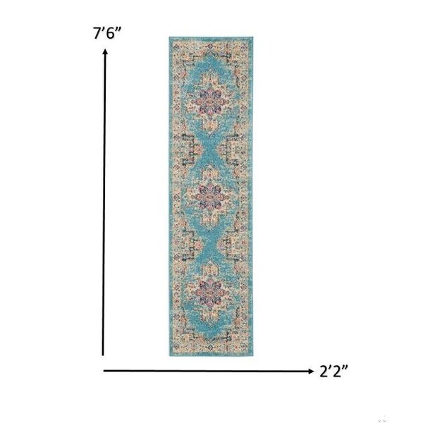 Homeroots 2 x 8 ft. Light Blue Distressed Medallion Runner Rug - 385331