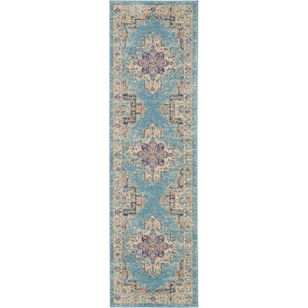 Homeroots 2 x 8 ft. Light Blue Distressed Medallion Runner Rug - 385331