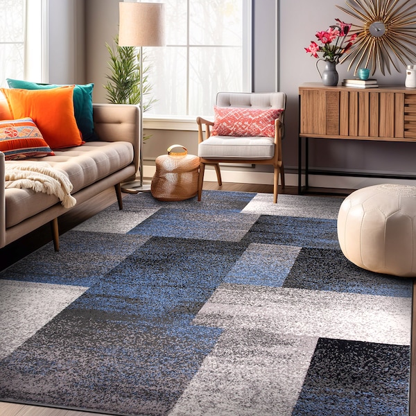 World Rug Gallery Modern Distressed Boxes 3'3'' x 5' Blue - 956BLUE3X5