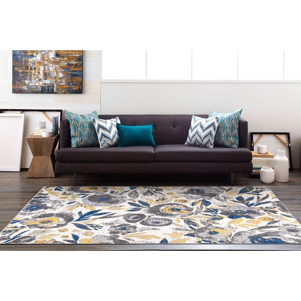 World Rug Gallery Vintage Modern Floral Gray/Yellow/Ivory Area Rug 5'x7' - 2075CREAM5X7