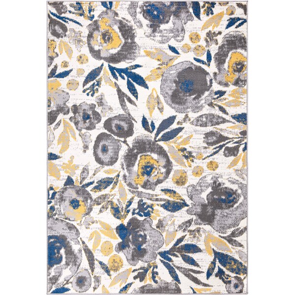 World Rug Gallery Vintage Modern Floral Gray/Yellow/Ivory Area Rug 5'x7' - 2075CREAM5X7