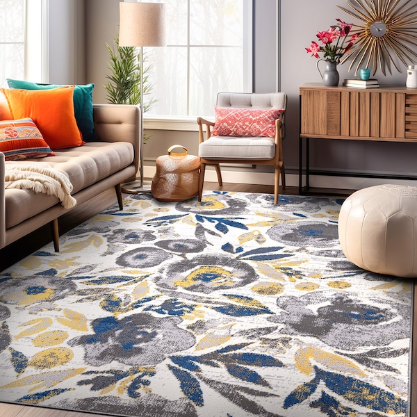 World Rug Gallery Vintage Modern Floral Gray/Yellow/Ivory Area Rug 5'x7' - 2075CREAM5X7