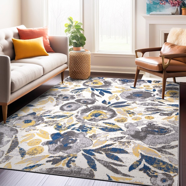 World Rug Gallery Vintage Modern Floral Gray/Yellow/Ivory Area Rug 5'x7' - 2075CREAM5X7