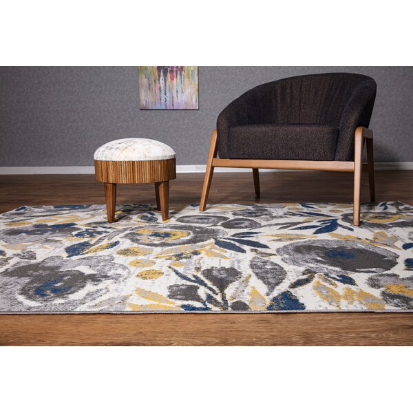World Rug Gallery Vintage Modern Floral Gray/Yellow/Ivory Area Rug 5'x7' - 2075CREAM5X7