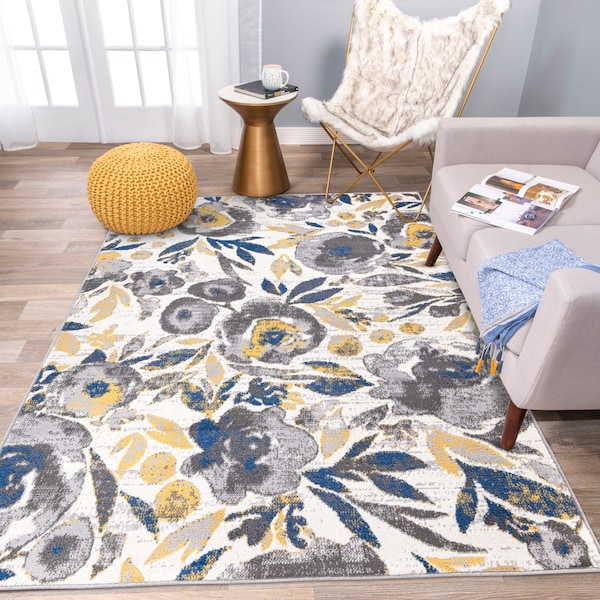World Rug Gallery Vintage Modern Floral Gray/Yellow/Ivory Area Rug 5'x7' - 2075CREAM5X7