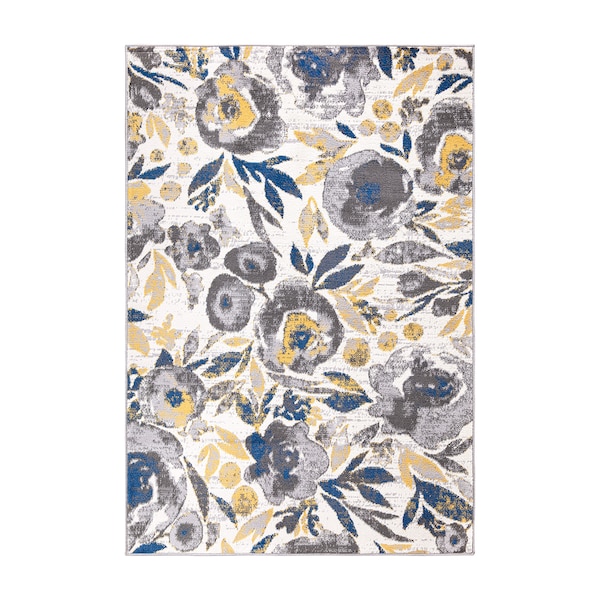 World Rug Gallery Vintage Modern Floral Gray/Yellow/Ivory Area Rug 5'x7' - 2075CREAM5X7