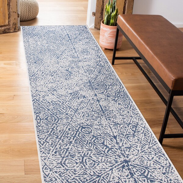 World Rug Gallery Contemporary Geometric Weather Resistant Indoor/Outdoor Runner Rug 2' x 7' Blue - 4028BLUE2X7