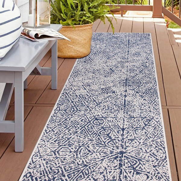 World Rug Gallery Contemporary Geometric Weather Resistant Indoor/Outdoor Runner Rug 2' x 7' Blue - 4028BLUE2X7