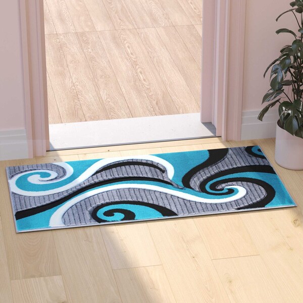 Flash Furniture Turquoise 2' x 7' Modern Plush Abstract Area Rug - KP-RG952-27-TQ-GG
