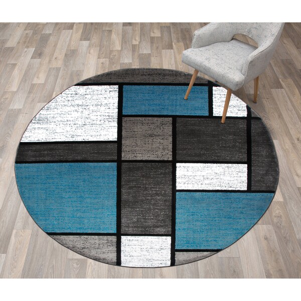 World Rug Gallery Contemporary Modern Boxes Design Soft Area Rug 6'6'' Round Blue Gray - 106BLUE6RND