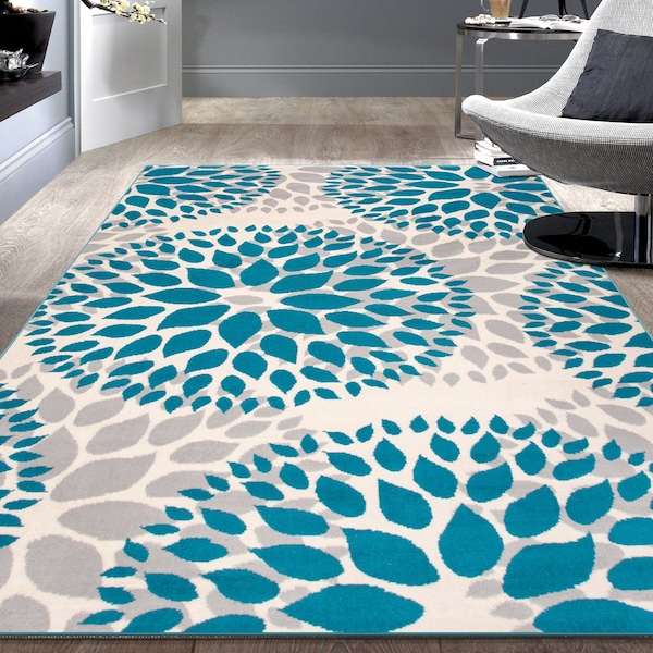 World Rug Gallery Modern Floral Circles Design 10' x 14' Blue Area Rug - 9099BLUE10X14