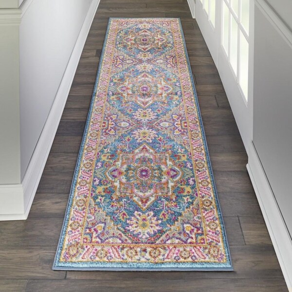Homeroots 2 x 8 ft. Teal & Pink Medallion Runner Rug - 385501