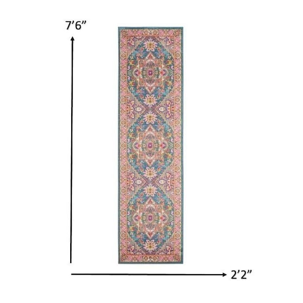 Homeroots 2 x 8 ft. Teal & Pink Medallion Runner Rug - 385501