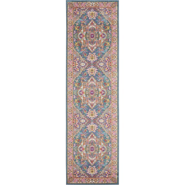 Homeroots 2 x 8 ft. Teal & Pink Medallion Runner Rug - 385501