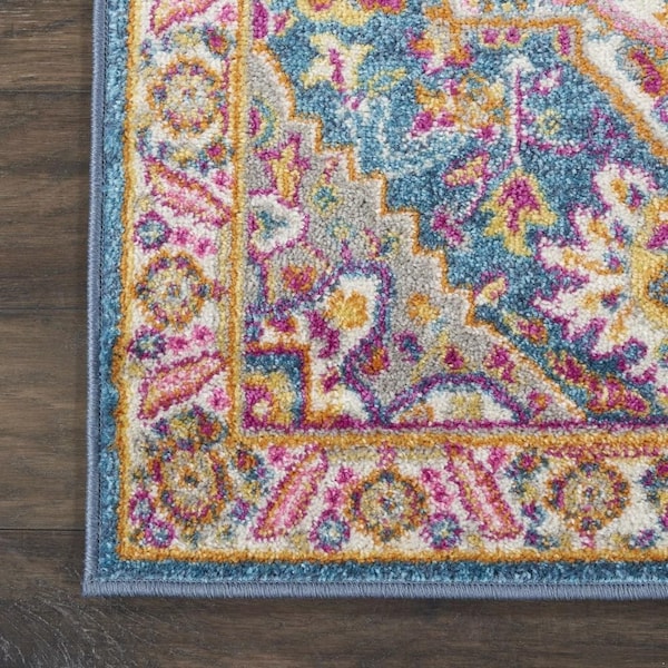 Homeroots 2 x 8 ft. Teal & Pink Medallion Runner Rug - 385501