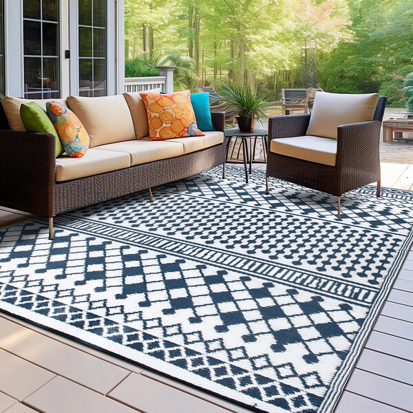 World Rug Gallery Contemporary Bohemian Geometric Reversible Recycled Plastic 7'10'' X 10' Navy Outdoor Rug - 6073NAVY8X10