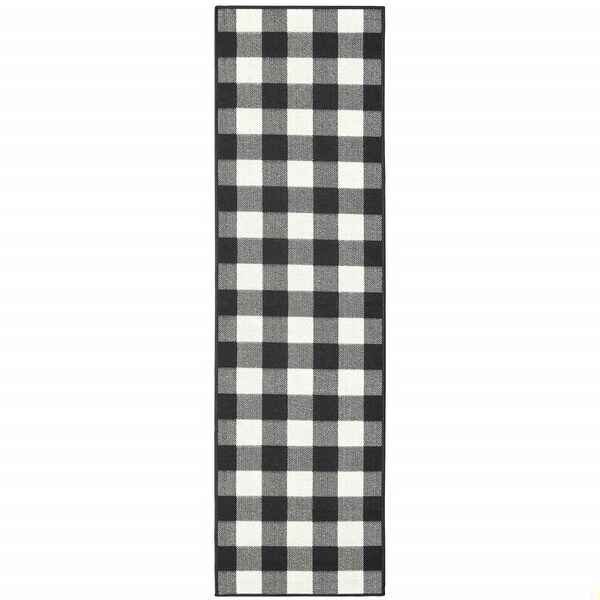 Homeroots 2 x 8 ft. Black & Ivory Gingham Indoor & Outdoor Runner Rug - 389517