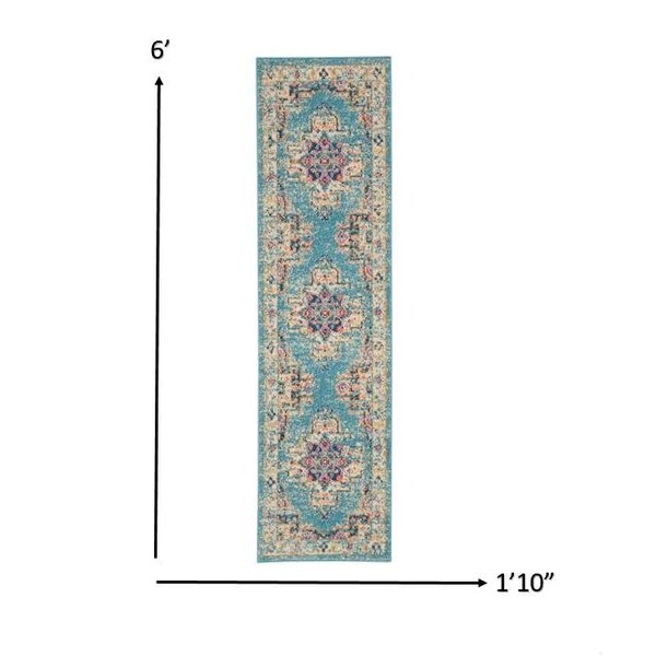 Homeroots 2 x 6 ft. Light Blue Distressed Medallion Runner Rug - 385329