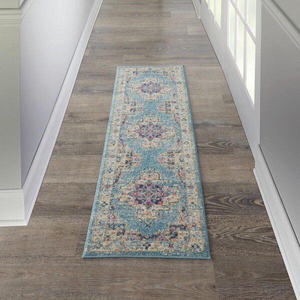 Homeroots 2 x 6 ft. Light Blue Distressed Medallion Runner Rug - 385329