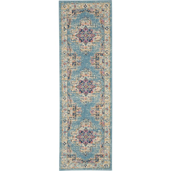 Homeroots 2 x 6 ft. Light Blue Distressed Medallion Runner Rug - 385329