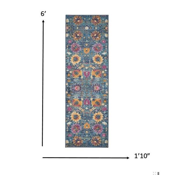 Homeroots 2 x 6 ft. Denim Blue Florals Distressed Runner Rug - 385163