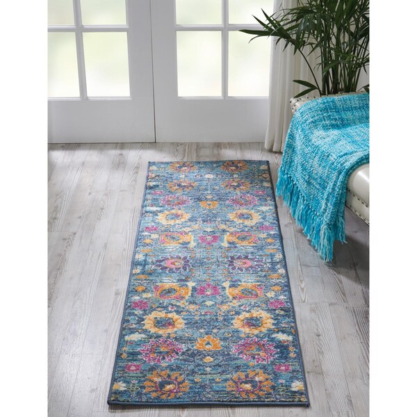 Homeroots 2 x 6 ft. Denim Blue Florals Distressed Runner Rug - 385163