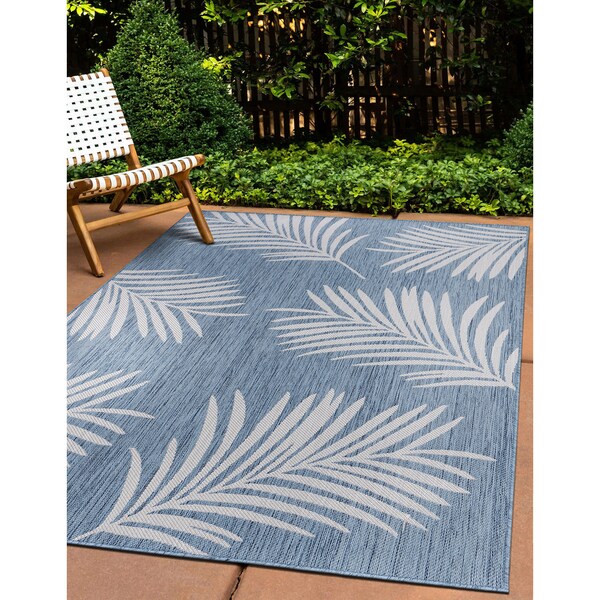 World Rug Gallery Contemporary Palm Leaves Textured Flat Weave Indoor/Outdoor Area Rug 7'10''X10' Blue - 111BLUE8X10