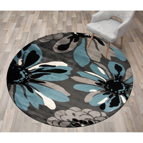 World Rug Gallery Modern Flowers Design Area Rug 6'6'' Round Blue - 374BLUE6RND