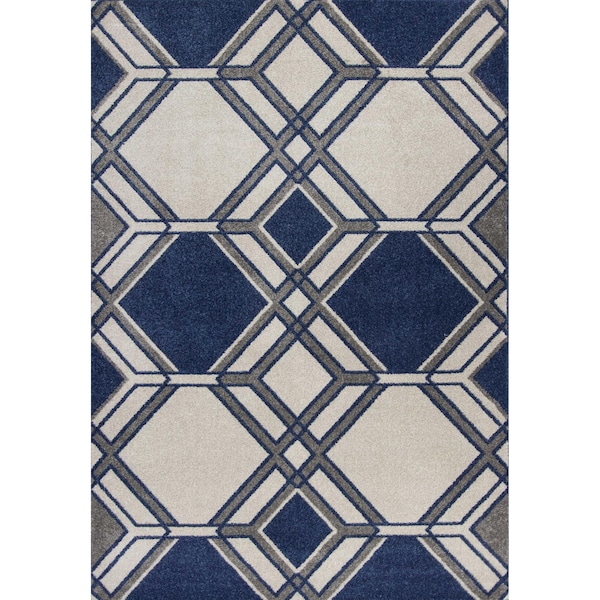 Homeroots 3 ft. 3 in. x 4 ft. 11 in. UV-Treated Polypropylene Ivory & Denim Area Rug - 353466