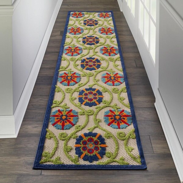 Homeroots 2 x 12 ft. Blue Vines Indoor & Outdoor Runner Rug - 384966