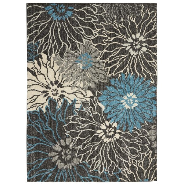 Homeroots 4 x 6 ft. Charcoal & Blue Big Flower Area Rug - 385412