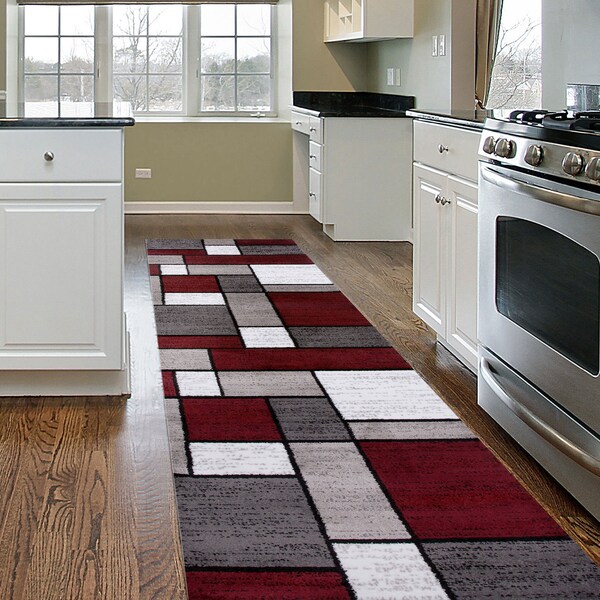 World Rug Gallery Contemporary Modern Boxes Design Soft Runner Rug 2' x 7'2'' Red - 106RED2X7