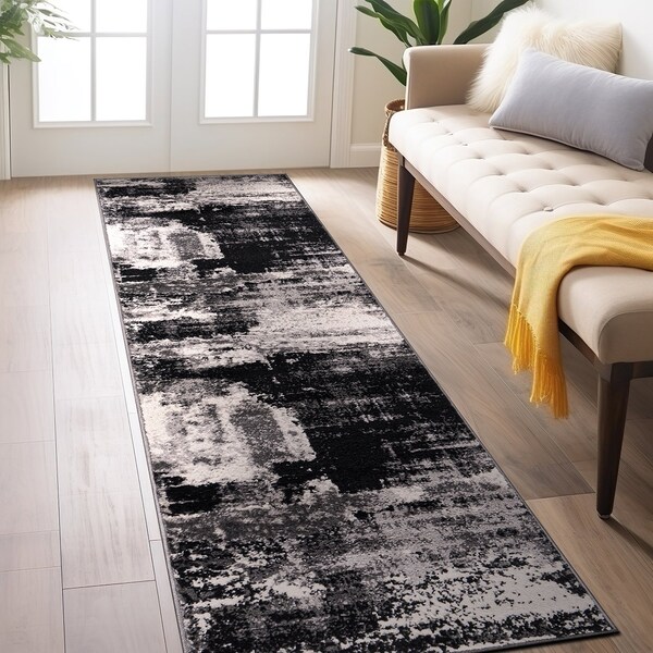 World Rug Gallery Modern Abstract Design Non Shedding Soft Area Rug 2' x 7' Black - 402BLACK2X7
