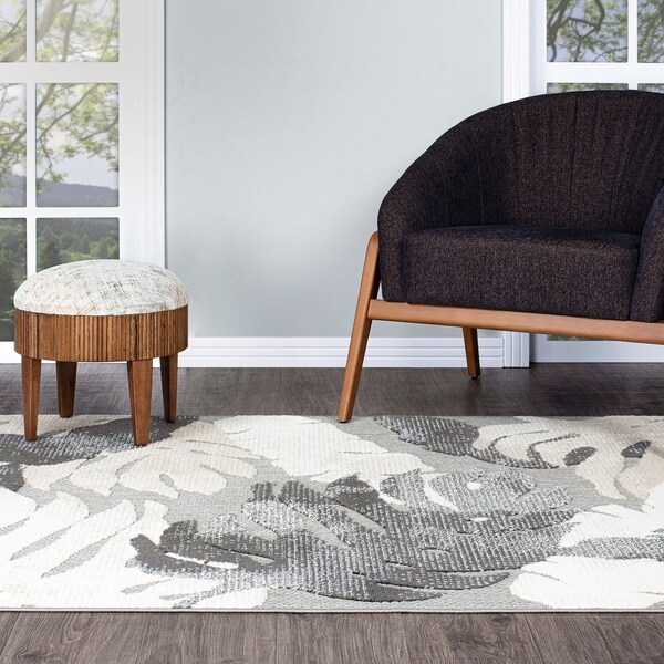 World Rug Gallery Palm Floral Leaves Indoor/Outdoor Area Rug 7'10" x 10' Gray - 5553GRAY8X10