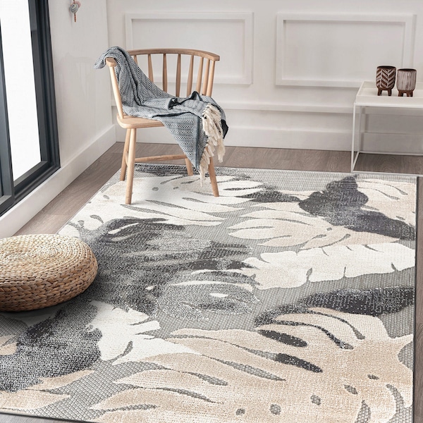 World Rug Gallery Palm Floral Leaves Indoor/Outdoor Area Rug 7'10" x 10' Gray - 5553GRAY8X10