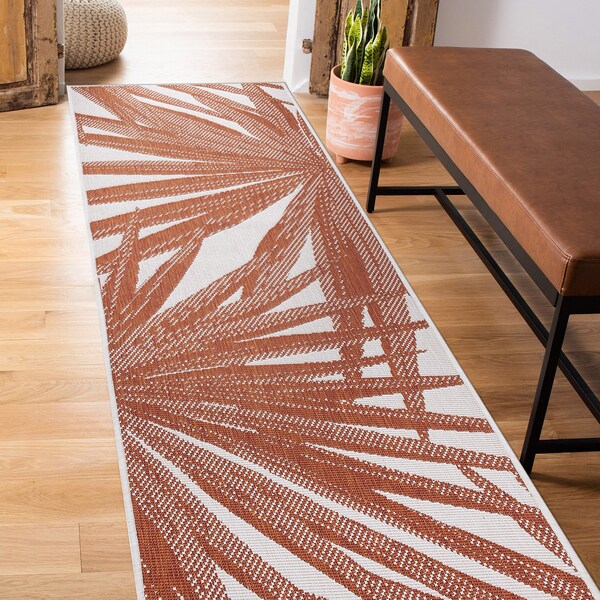 World Rug Gallery Tropical Leaves Nature Inspired Indoor/Outdoor Runner Rug 2' x 7' Rust - 4030RUST2X7