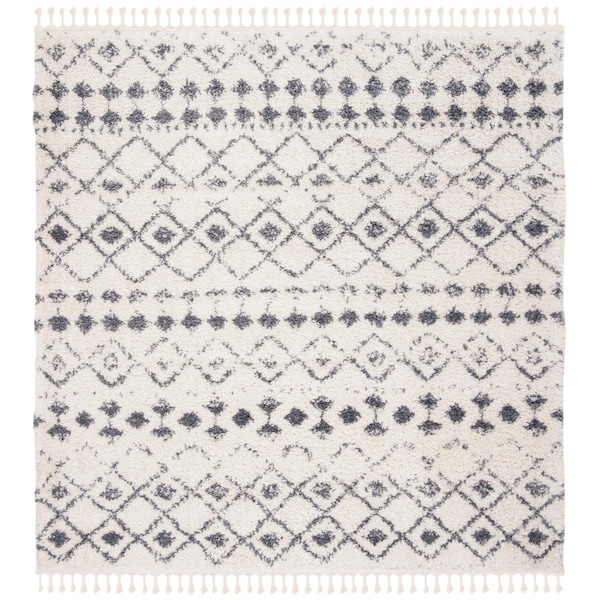 Safavieh 3 x 3 ft. Berber Fringe Shag Contemporary Power Loomed Square Area Rug; Cream & Dark Grey - BFG516A-3SQ