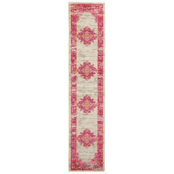 Homeroots 2 x 8 ft. Ivory & Fuchsia Distressed Runner Rug - 385320