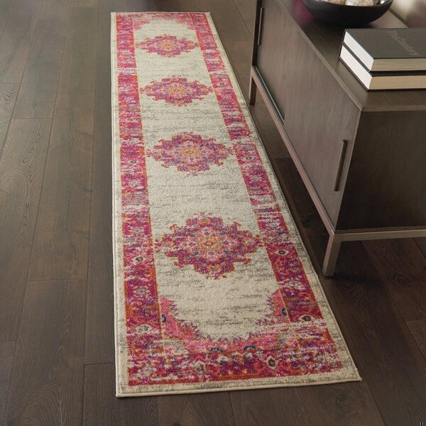 Homeroots 2 x 8 ft. Ivory & Fuchsia Distressed Runner Rug - 385320