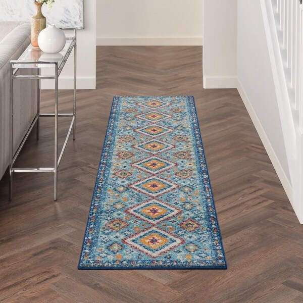 Homeroots 2 x 8 ft. Blue & Multi Color Diamonds Runner Rug - 385807