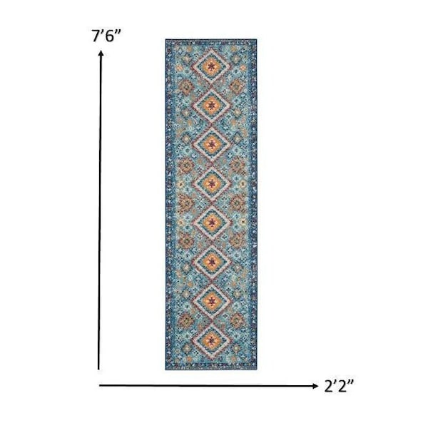 Homeroots 2 x 8 ft. Blue & Multi Color Diamonds Runner Rug - 385807