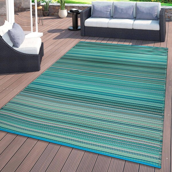 World Rug Gallery Contemporary Stripe Reversible Plastic 3'x5' Blue Outdoor Rug - 6058BLUE3X5
