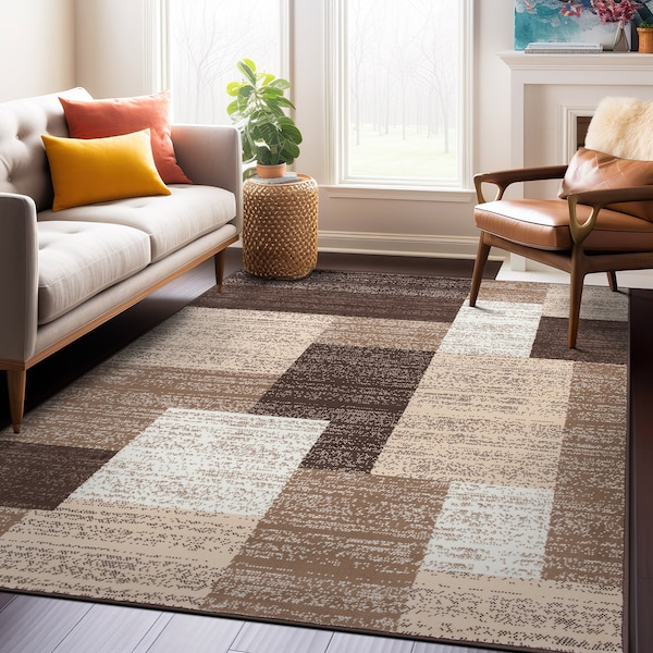 World Rug Gallery Contemporary Distressed Boxes Soft Area Rug 5' x 7' Brown - 3005BROWN5X7