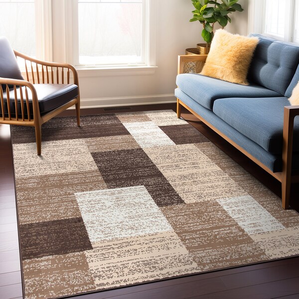 World Rug Gallery Contemporary Distressed Boxes Soft Area Rug 5' x 7' Brown - 3005BROWN5X7