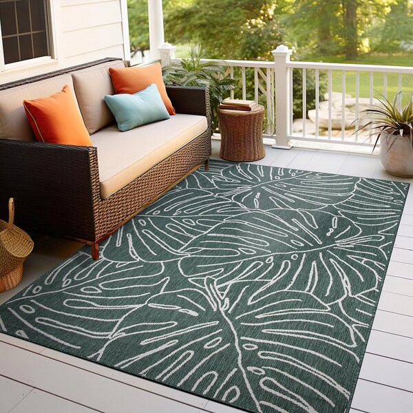 World Rug Gallery Contemporary Tropical Leaves Weather Resistant Indoor/Outdoor Area Rug 7' 10'' x 10' Green - 4031GREEN8X10