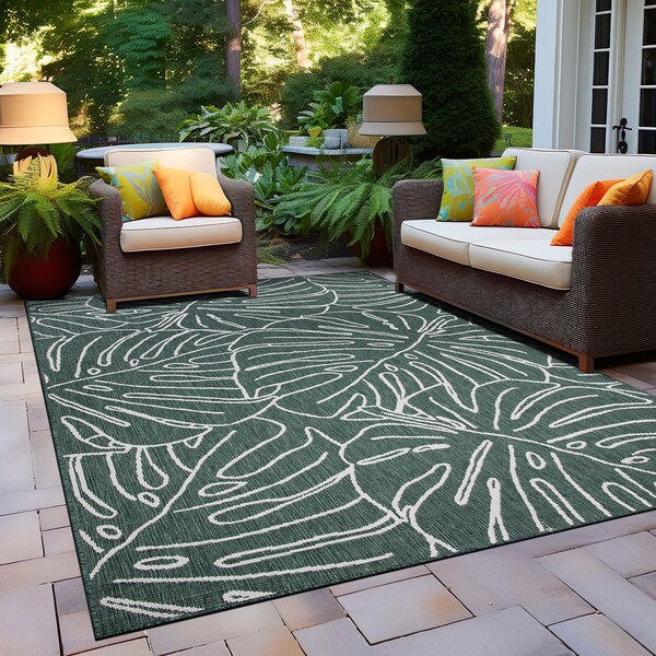 World Rug Gallery Contemporary Tropical Leaves Weather Resistant Indoor/Outdoor Area Rug 7' 10'' x 10' Green - 4031GREEN8X10