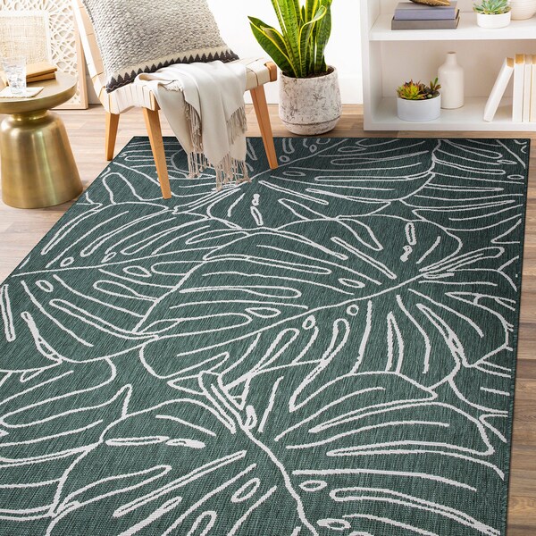 World Rug Gallery Contemporary Tropical Leaves Weather Resistant Indoor/Outdoor Area Rug 7' 10'' x 10' Green - 4031GREEN8X10