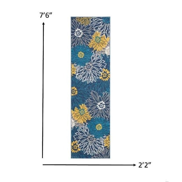 Homeroots 2 x 8 ft. Blue Tropical Flower Runner Rug - 385400