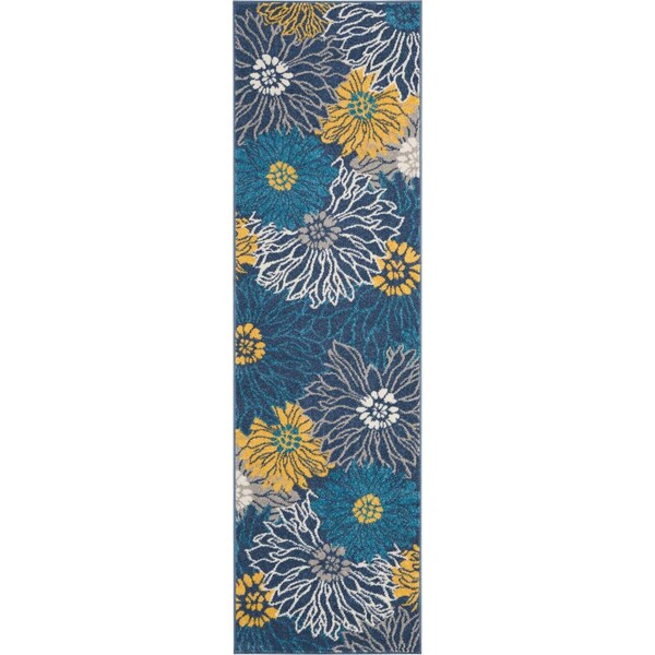 Homeroots 2 x 8 ft. Blue Tropical Flower Runner Rug - 385400