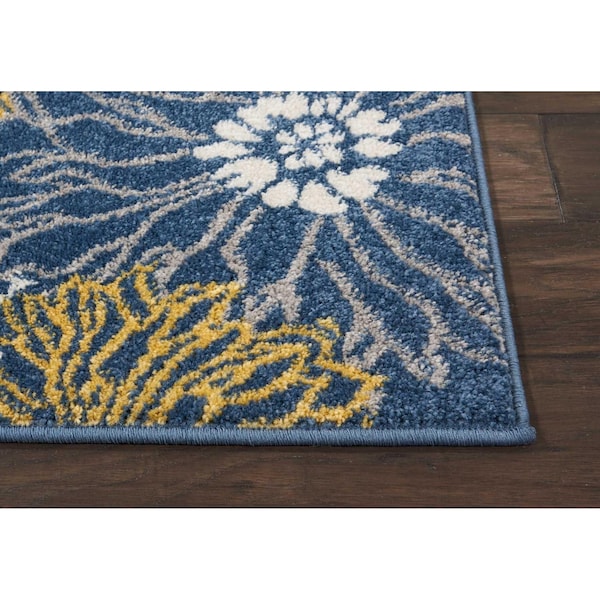 Homeroots 2 x 8 ft. Blue Tropical Flower Runner Rug - 385400